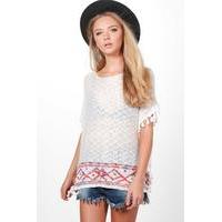 Aztec Trim Poncho - white