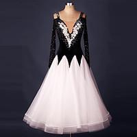 Ballroom Dance Dresses Women\'s Performance Organza Velvet Crystals/Rhinestones Flower(s) Splicing 1 Piece Long Sleeve Natural Dress