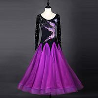 Ballroom Dance Dresses Women\'s Performance Chinlon Organza Crystals/Rhinestones 1 Piece Long Sleeve Dress