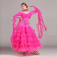 Ballroom Dance Dresses Women\'s Performance Tulle Lycra Pleated Appliques Crystals/Rhinestones 2 Pieces Long Sleeve Natural Dress Neckwear