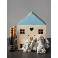 baby boy gift with prosecco marc de champagne truffles soft toy