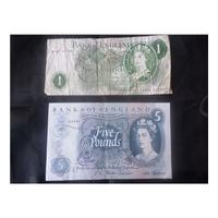 Bank of England 5 Pound note and 1 Pound note