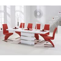 Babington 160cm White High Gloss Extending Dining Table with Red Hampstead Z Chairs