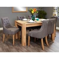 Baumhaus Aston Oak Dining Set with 6 Stone Fabric Upholstered Chairs