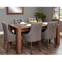 Baumhaus Shiro Walnut Large Dining Set with 6 Accent Slate Upholstered Chairs