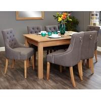 baumhaus mobel oak 150cm dining set with 6 stone fabric upholstered ch ...