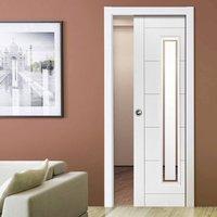 Barbican White Single Pocket Door - Etched Clear Glass