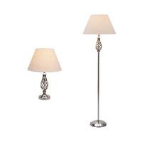 Barley Twist Table and Floor Lamp Set + FREE 4W & 8W Led Bulbs, Antique Silver, Metal