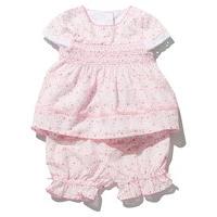 Baby girl cotton rich broderie anglaise trim short sleeve ditsy print smock top and bloomer set - Pink