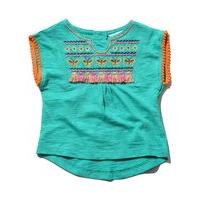 Baby girl 100% cotton turquoise short sleeve pom pom trim embroidered yoke tassel smock t-shirt - Turquoise