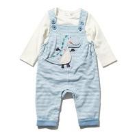 Baby Boys Long Sleeve Plain Top And Blue Stripe Dinosaur Applique Dungarees Outfit Set - Light Blue