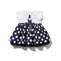 Baby girl cotton rich short sleeve navy white spot print broderie anglaise mock cardigan top dress - Navy