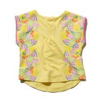 Baby girl 100% cotton yellow short sleeve fruit print pink pom pom trim smock style t-shirt - Yellow