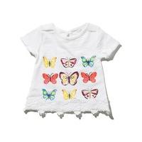 Baby girl cotton rich white short sleeve repeat butterfly print keyhole back crochet hem t-shirt - White