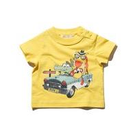 Baby boy 100% cotton yellow short sleeve animal road trip themed printed button fastening t-shirt - Yellow