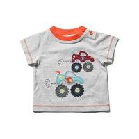 Baby boy cotton rich grey short sleeve Tangerine trim car applique side neck button t-shirt - Grey
