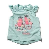 Baby girl cotton lace cap sleeve dipped back embroidered shoe design slogan t-shirt - Blue
