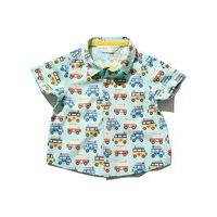 Baby boy 100% cotton light blue short sleeve classic collar button down campervan print shirt - Blue