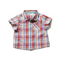 Baby boy 100% cotton short sleeve blue and Tangerine check pattern classic collar button down shirt - Blue