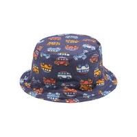 Baby boy 100% cotton navy blue transport print reversible bucket hat - Blue