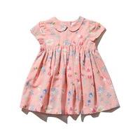 Baby girl pink short sleeve peter pan collar gathered waist floral print button back Easter dress - Pink
