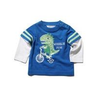 Baby Boy 100% Cotton Long Mock Sleeve Round Neck Dinosaur Applique Slogan Top - Blue