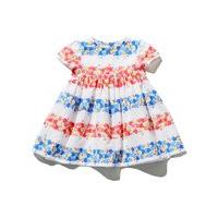 Baby girl short sleeve gathered waist love heart print stripe effect fit and flare dre - White