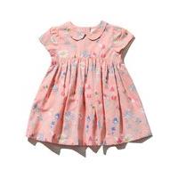 Baby girl pink short sleeve peter pan collar gathered waist floral print button back Easter dress - Pink