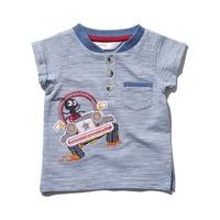 Baby boy blue 100% cotton short sleeve grandad button collar stripe pattern bug applique t-shirt - Blue