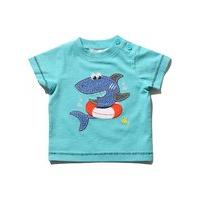 Baby boy 100% cotton blue short sleeve crew neck shark applique side neck button fastenings t-shirt - Blue