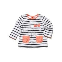 Baby girl stripe pattern long sleeve bow front crochet pocket keyhole fasten smock top - White