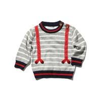 Baby boy long sleeve pull on ribbed trim mock brace stripe print sweater top - Grey Marl