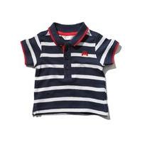Baby boy short sleeve 100% cotton navy and white striped red trim tractor embroidery polo shirt - Navy