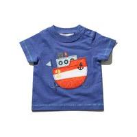Baby boy 100% cotton blue short sleeve crew neck button fastening boat applique t-shirt - Blue