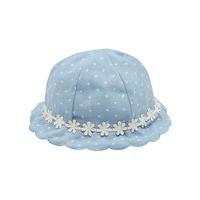 Baby girl cotton rich blue denim polka dot pattern daisy applique trim sun hat - Denim