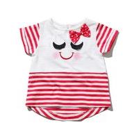 Baby girl 100% cotton short sleeve red and white stripe smiley face eyelash and bow applique t-shirt - White