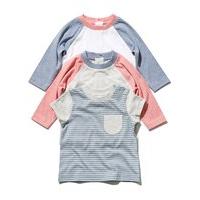 Baby Girls cotton short sleeve stripe pattern and long raglan sleeve plain everyday top three pack - Blue