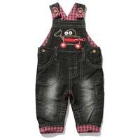 Baby boy cotton rich dark wash truck applique red check trim button fastening dungarees - Denim