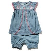 Baby girl short sleeve blue denim floral embroidery smock style top and trousers set - Denim