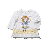 Baby girl cotton rich white girl flower print long sleeve pintuck shoulder frill hem top - White