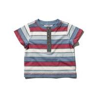 Baby boy 100% cotton short sleeve blue dark red stripe pattern grandad collar button front t-shirt - Blue