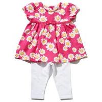 Baby girl pink cotton rich short sleeve daisy print smock top and plain white leggings set - Pink