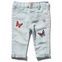 Baby girl light wash butterfly applique embroidered turn up adjustable waistband jeans - Denim