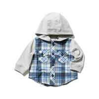 Baby boy long sleeve cotton rich button down chest pocket hooded check shirt - Blue