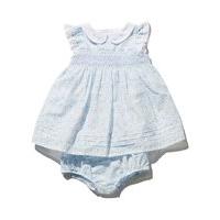 Baby girl cotton short frill sleeve peter pan collar blue ditsy print smock dress and knickers set - Light Blue