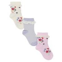Baby girl cotton stretch floral stripe pattern lace frill trims socks three pack - Multicolour