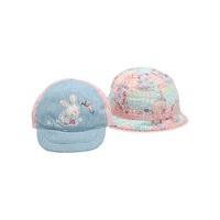 Baby girl blue and pink bunny bow applique detail floral patchwork sun cap bucket hats two pack - Multicolour