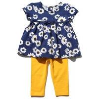 Baby girl mustard full length stretch waistband navy daisy print bow waist top and leggings set - Navy