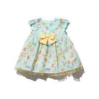 Baby girl cap sleeve turquoise base caravan print with lemon tulle frill hem and bow applique dress - Turquoise