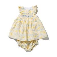 Baby girl lemon frill short sleeve smock front bow applique bow print matching dress and knicker set L - Lemon